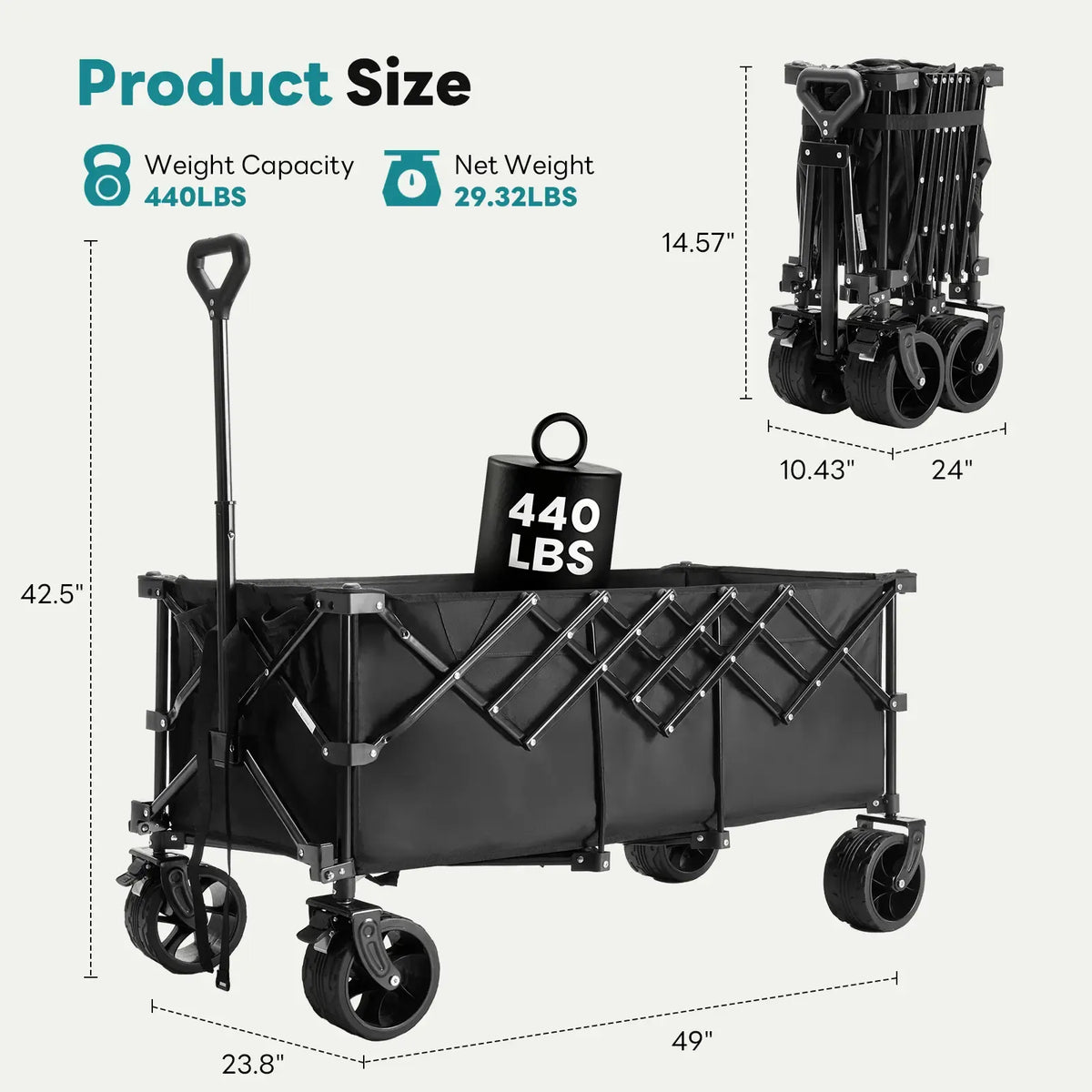 Sweetcrispy Heavy Duty Collapsible Wagon, 320L Double-Decker, 440 lbs Capacity