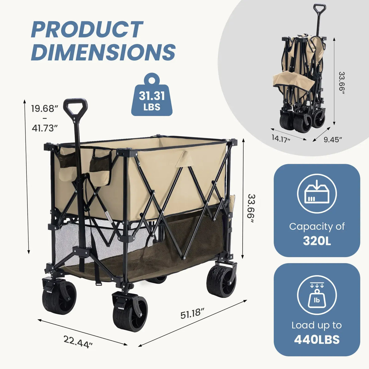 Sweetcrispy Heavy Duty Collapsible Wagon, 320L Double-Decker, 440 lbs Capacity