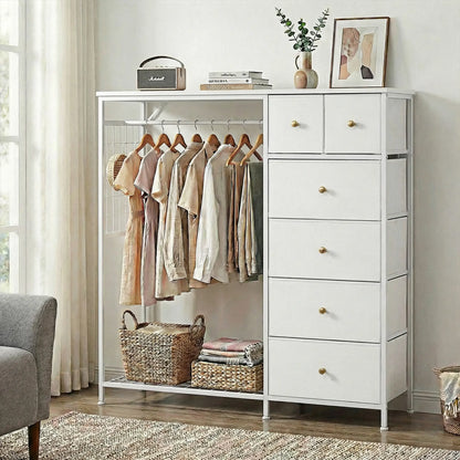 Dresser With Hanging Rack, Closet Organizer With LED Lights & Charging Station, Wooden Top