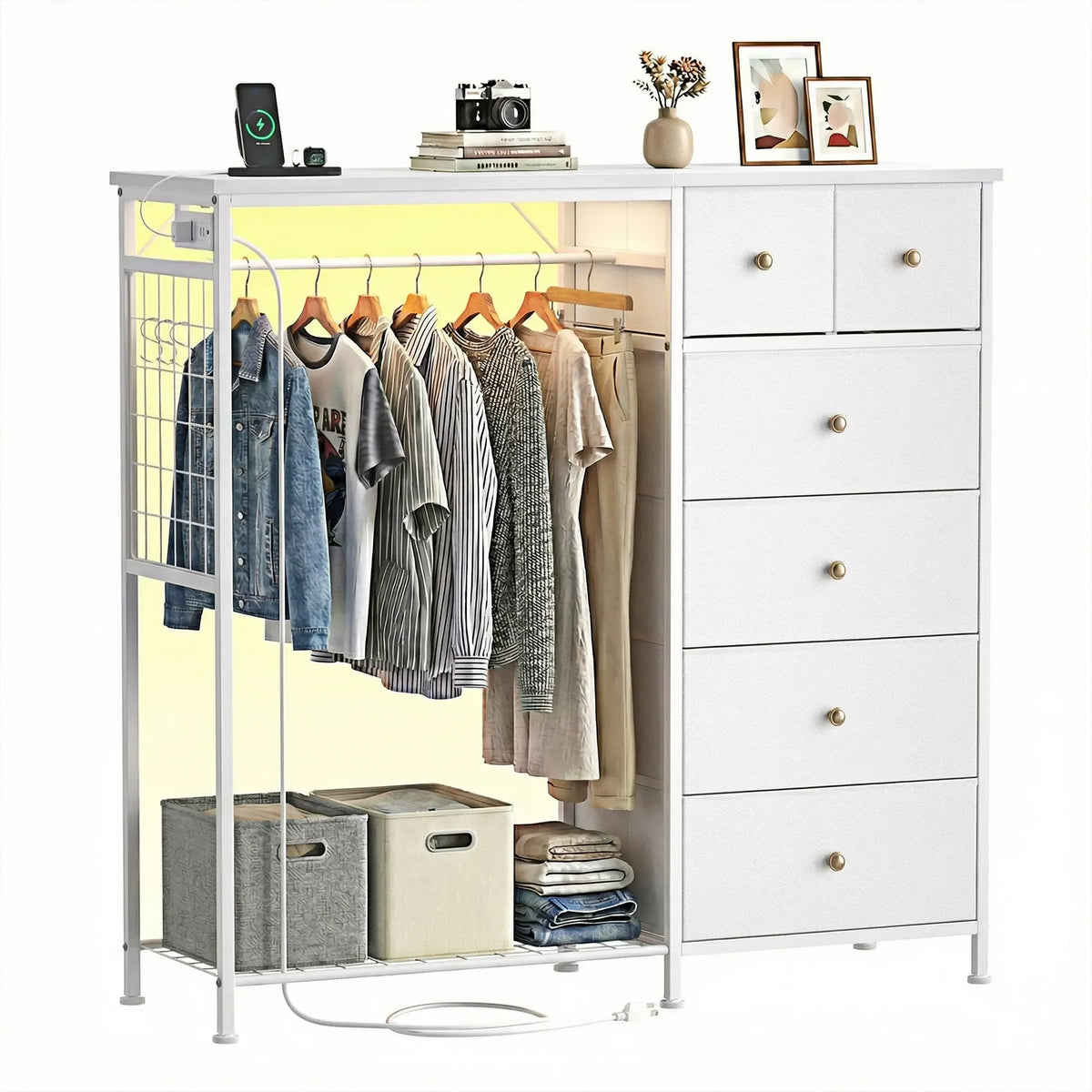 Dresser With Hanging Rack, Closet Organizer With LED Lights & Charging Station, Wooden Top