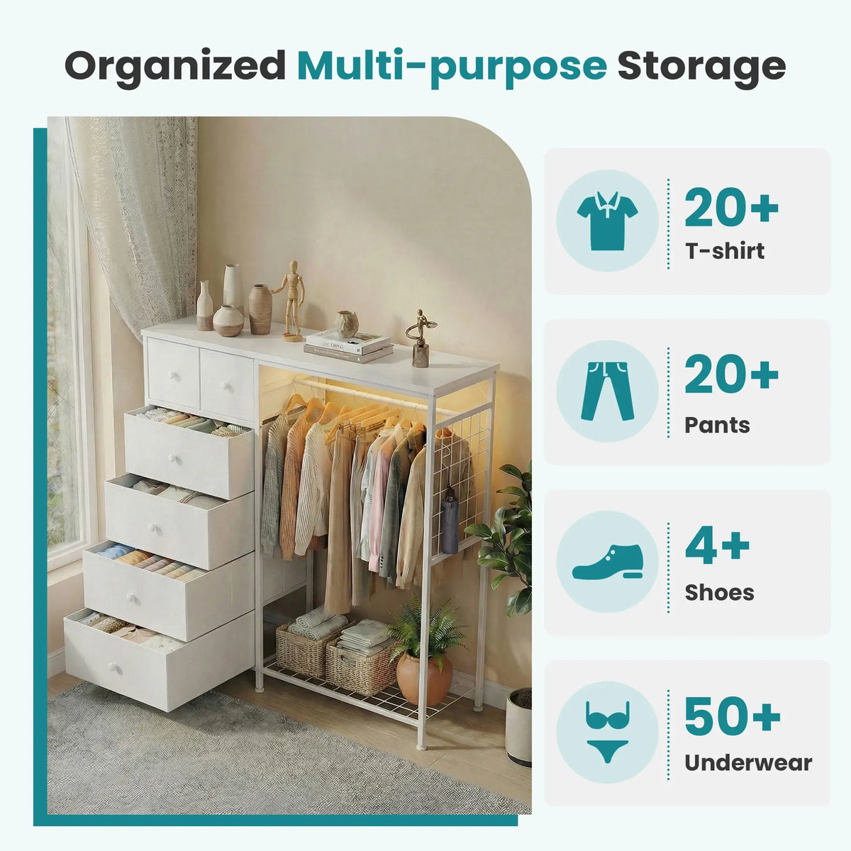 Dresser With Hanging Rack, Closet Organizer With LED Lights & Charging Station, Wooden Top