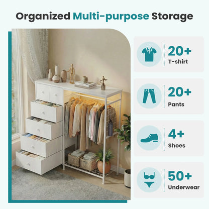 Dresser With Hanging Rack, Closet Organizer With LED Lights & Charging Station, Wooden Top