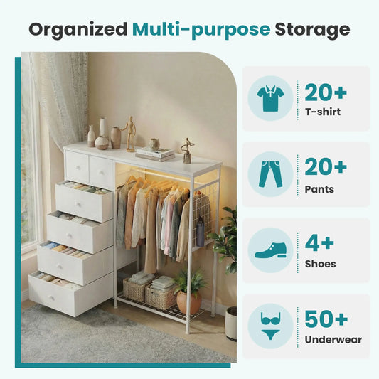 Dresser With Hanging Rack, Closet Organizer With LED Lights & Charging Station, Wooden Top