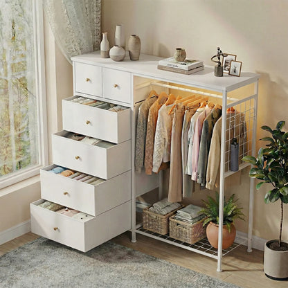 Dresser With Hanging Rack, Closet Organizer With LED Lights & Charging Station, Wooden Top