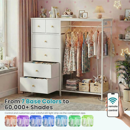 Dresser With Hanging Rack, Closet Organizer With LED Lights & Charging Station, Wooden Top