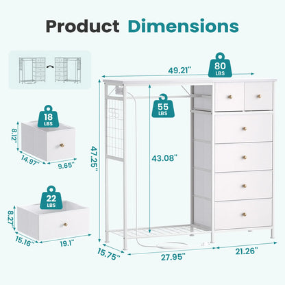 Dresser With Hanging Rack, Closet Organizer With LED Lights & Charging Station, Wooden Top