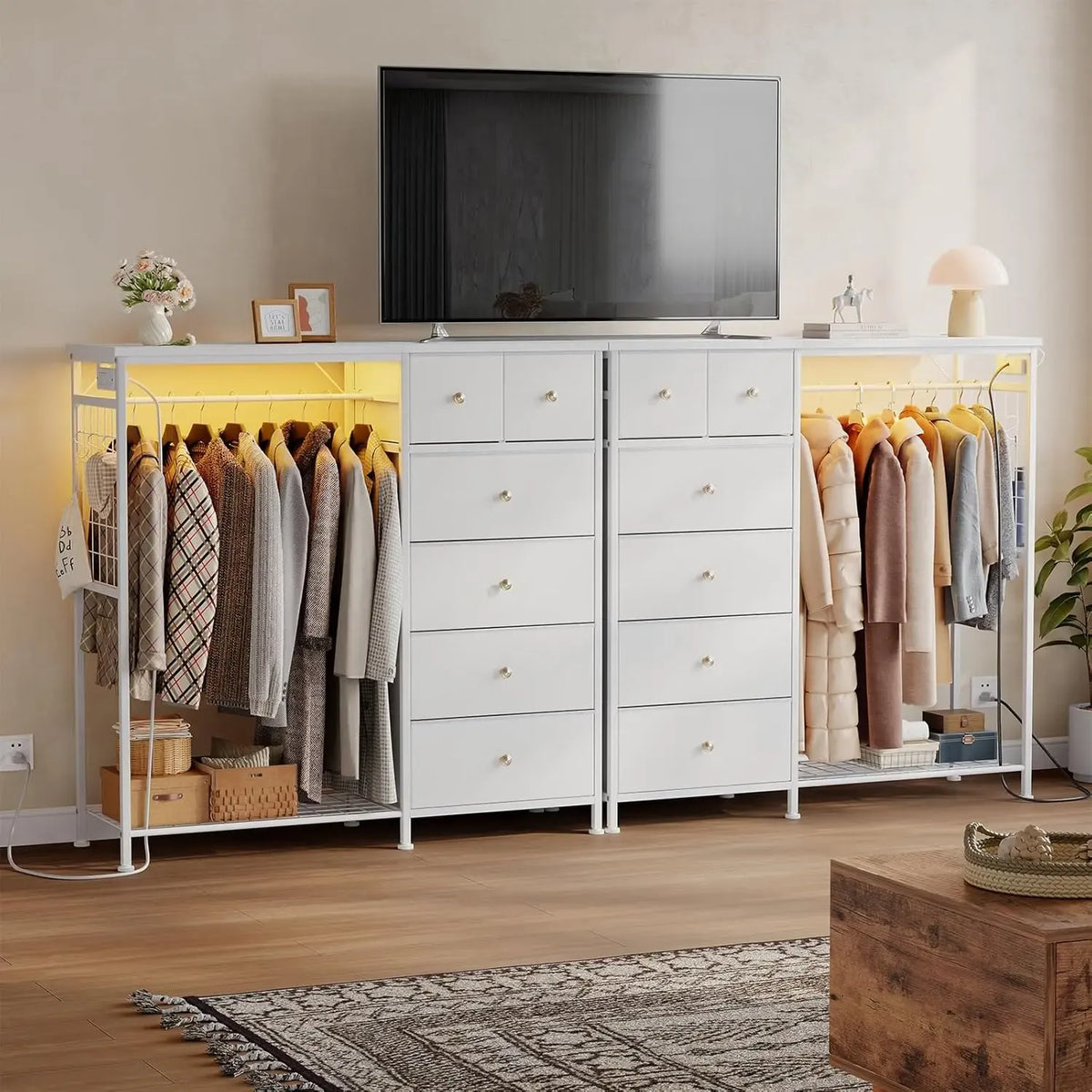 Dresser With Hanging Rack, Closet Organizer With LED Lights & Charging Station, Wooden Top