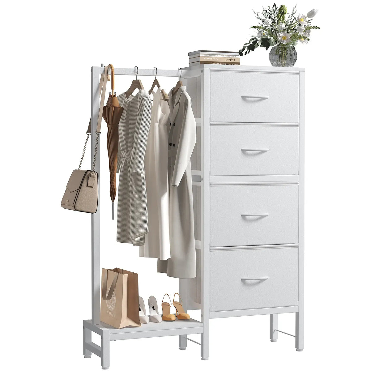 Dresser With Hanging Rack, Closet Organizer With LED Lights & Charging Station, Wooden Top
