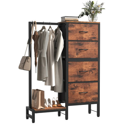 Dresser With Hanging Rack, Closet Organizer With LED Lights & Charging Station, Wooden Top