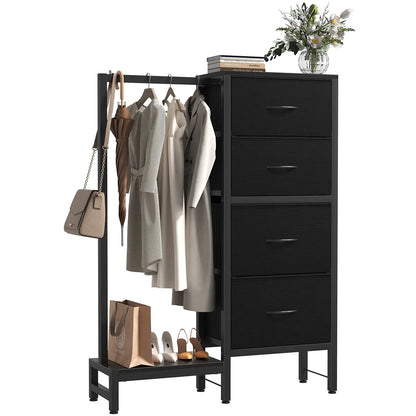Dresser With Hanging Rack, Closet Organizer With LED Lights & Charging Station, Wooden Top