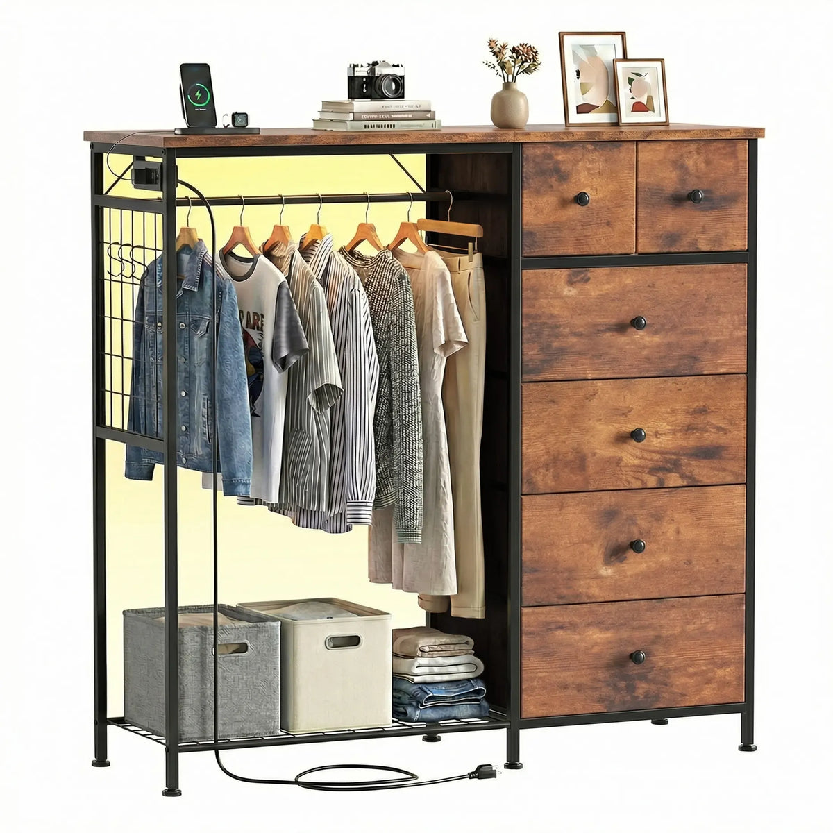 Dresser With Hanging Rack, Closet Organizer With LED Lights & Charging Station, Wooden Top