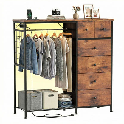 Dresser With Hanging Rack, Closet Organizer With LED Lights & Charging Station, Wooden Top