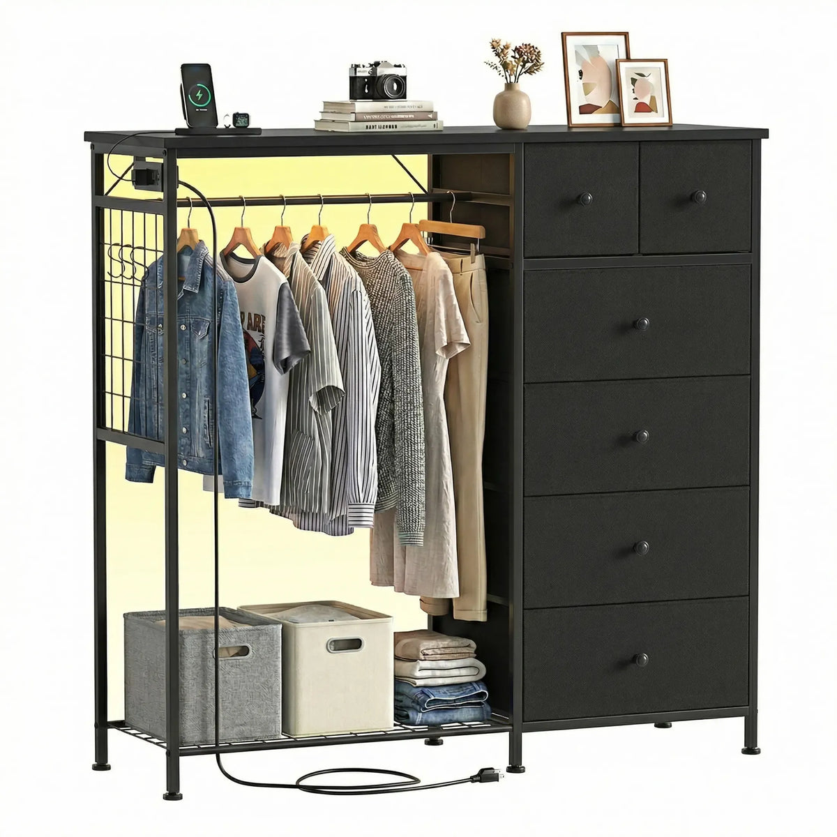 Dresser With Hanging Rack, Closet Organizer With LED Lights & Charging Station, Wooden Top