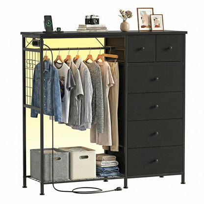 Dresser With Hanging Rack, Closet Organizer With LED Lights & Charging Station, Wooden Top