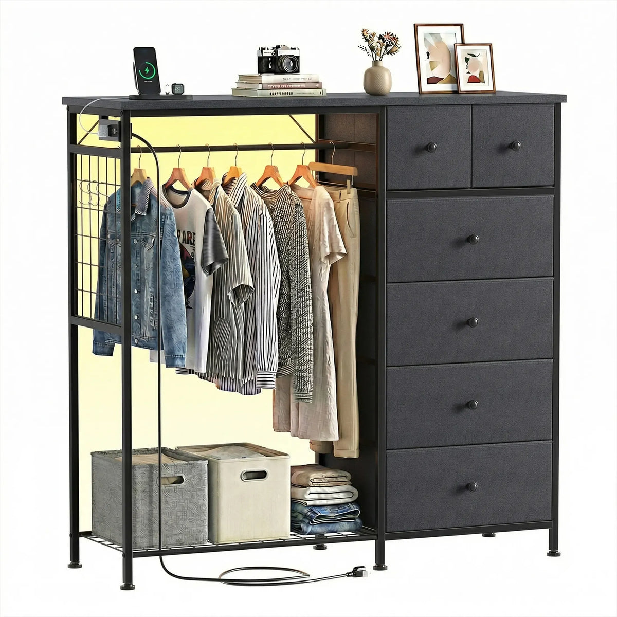 Dresser With Hanging Rack, Closet Organizer With LED Lights & Charging Station, Wooden Top