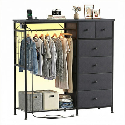 Dresser With Hanging Rack, Closet Organizer With LED Lights & Charging Station, Wooden Top