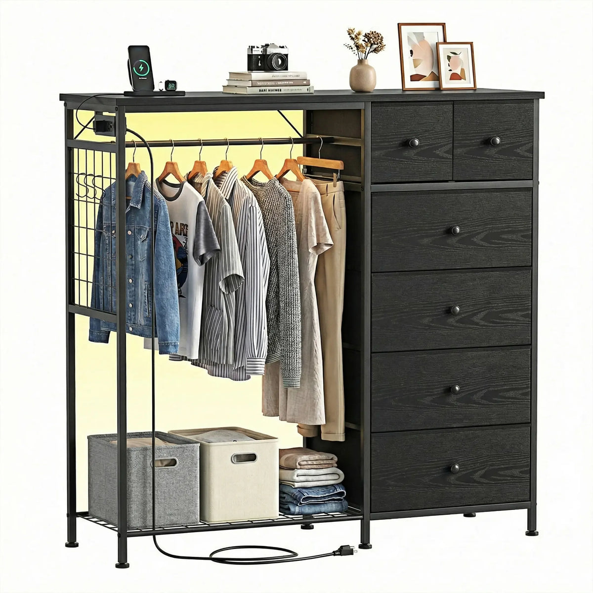 Dresser With Hanging Rack, Closet Organizer With LED Lights & Charging Station, Wooden Top