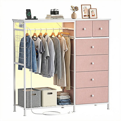 Dresser With Hanging Rack, Closet Organizer With LED Lights & Charging Station, Wooden Top