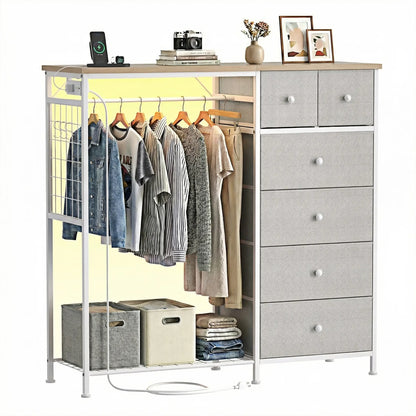Dresser With Hanging Rack, Closet Organizer With LED Lights & Charging Station, Wooden Top