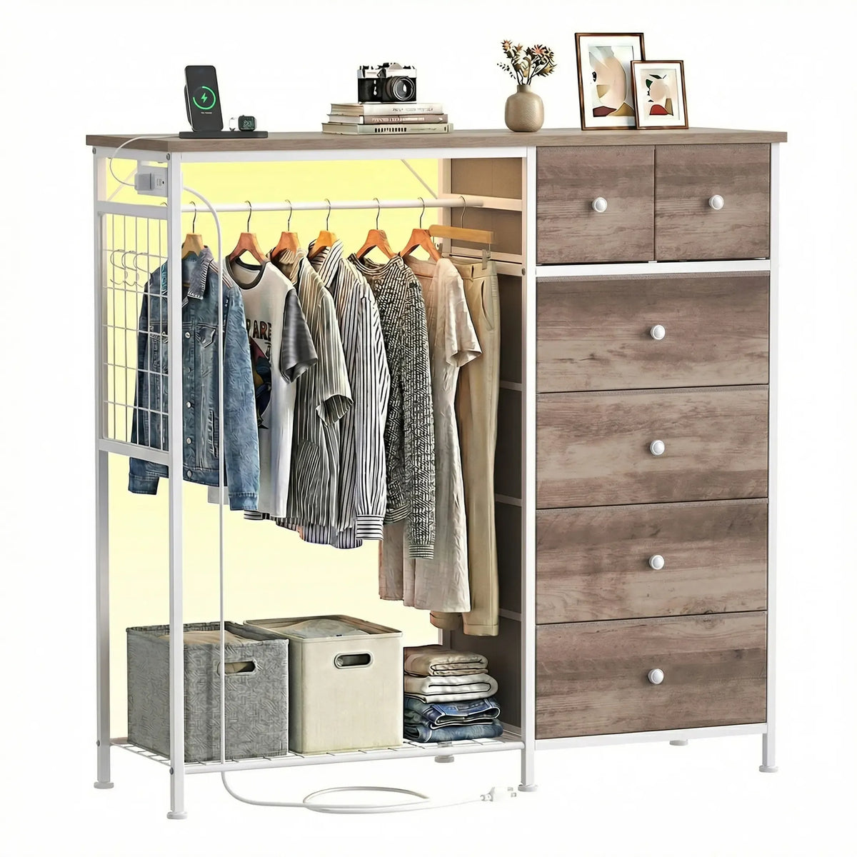 Dresser With Hanging Rack, Closet Organizer With LED Lights & Charging Station, Wooden Top