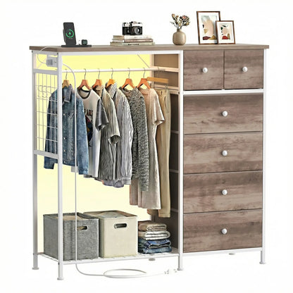 Dresser With Hanging Rack, Closet Organizer With LED Lights & Charging Station, Wooden Top