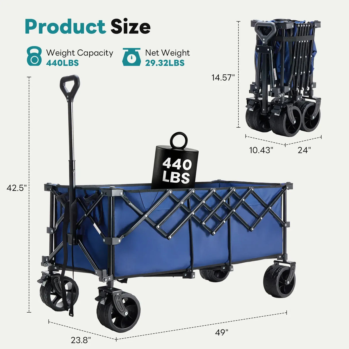 Sweetcrispy Heavy Duty Collapsible Wagon, 320L Double-Decker, 440 lbs Capacity