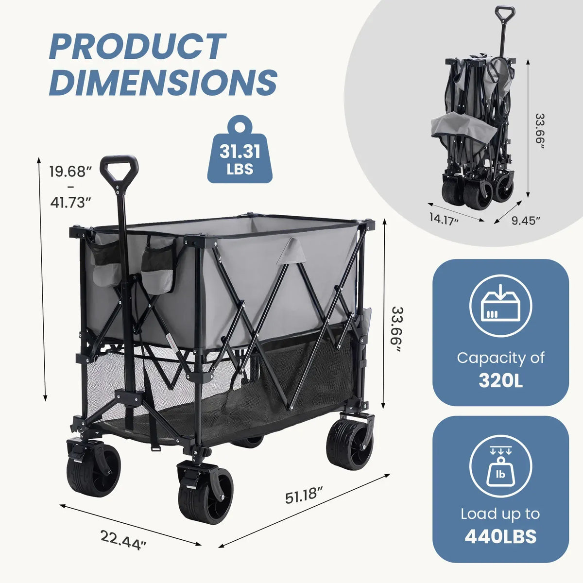 Sweetcrispy Heavy Duty Collapsible Wagon, 320L Double-Decker, 440 lbs Capacity