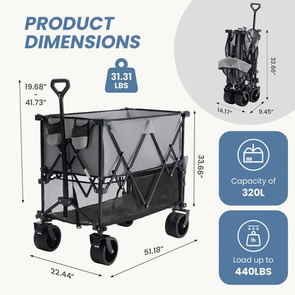 Sweetcrispy Heavy Duty Collapsible Wagon, 320L Double-Decker, 440 lbs Capacity
