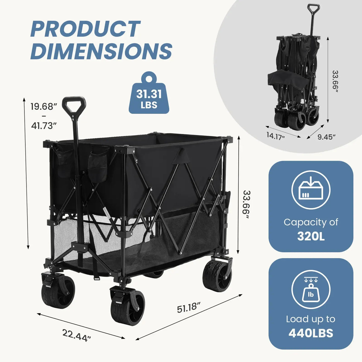 Sweetcrispy Heavy Duty Collapsible Wagon, 320L Double-Decker, 440 lbs Capacity