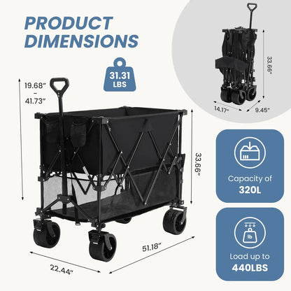 Sweetcrispy Heavy Duty Collapsible Wagon, 320L Double-Decker, 440 lbs Capacity