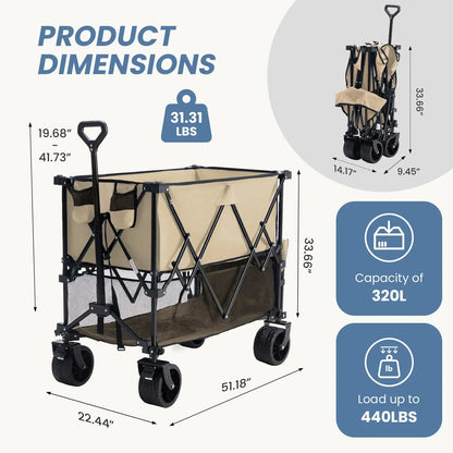 Sweetcrispy Heavy Duty Collapsible Wagon, 320L Double-Decker, 440 lbs Capacity